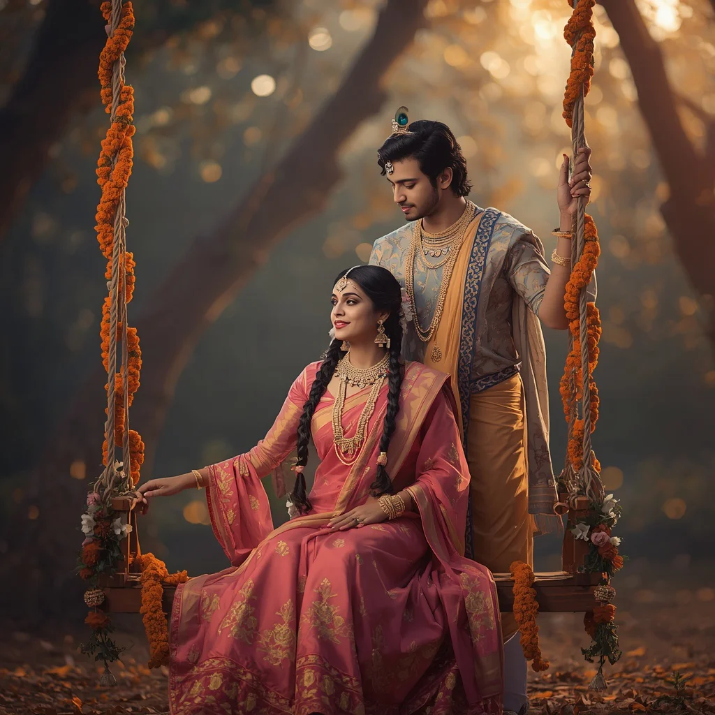 Radha Krishna Divine Love: Couple on Floral Swing | Cinematic Couple Prompt — AI image prompt