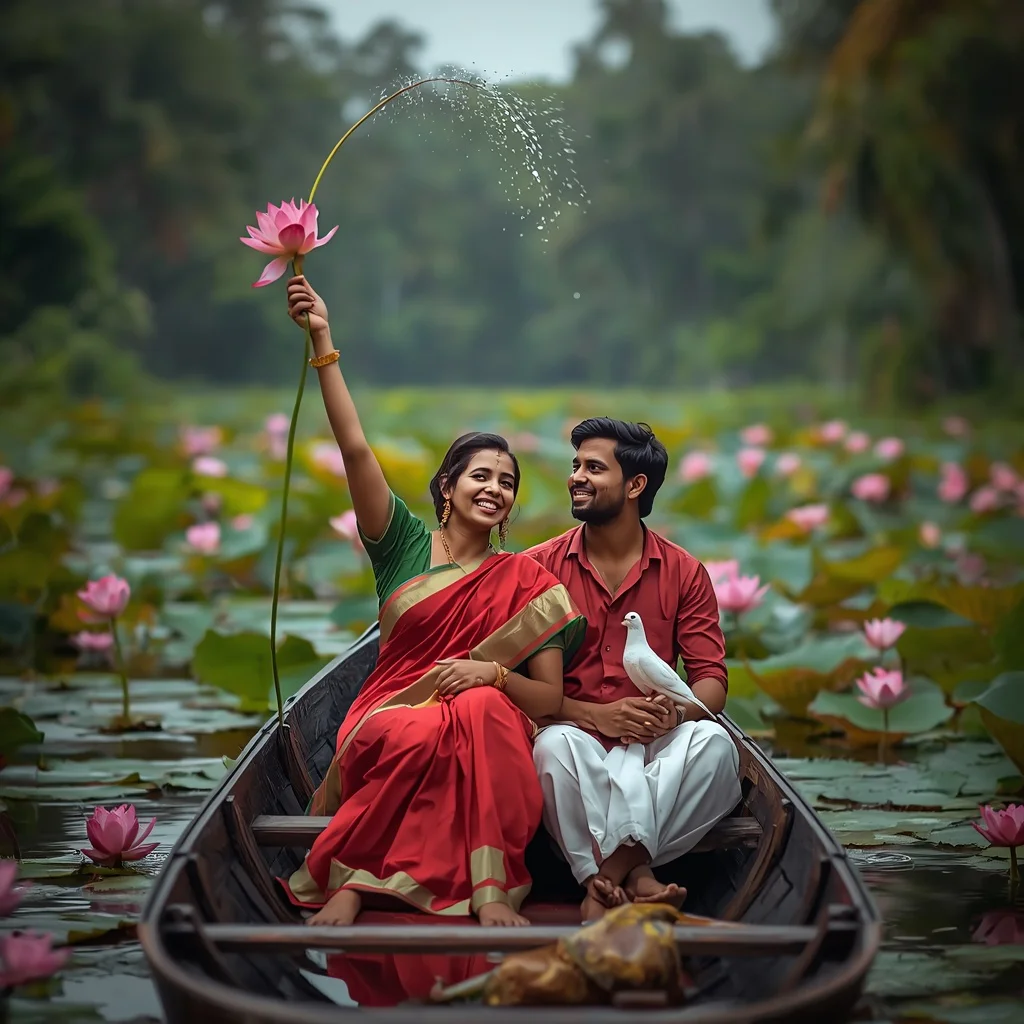 Romantic Kerala Backwater: Couple with Lotus and Dove | Hot Romantic Prompt — AI image prompt
