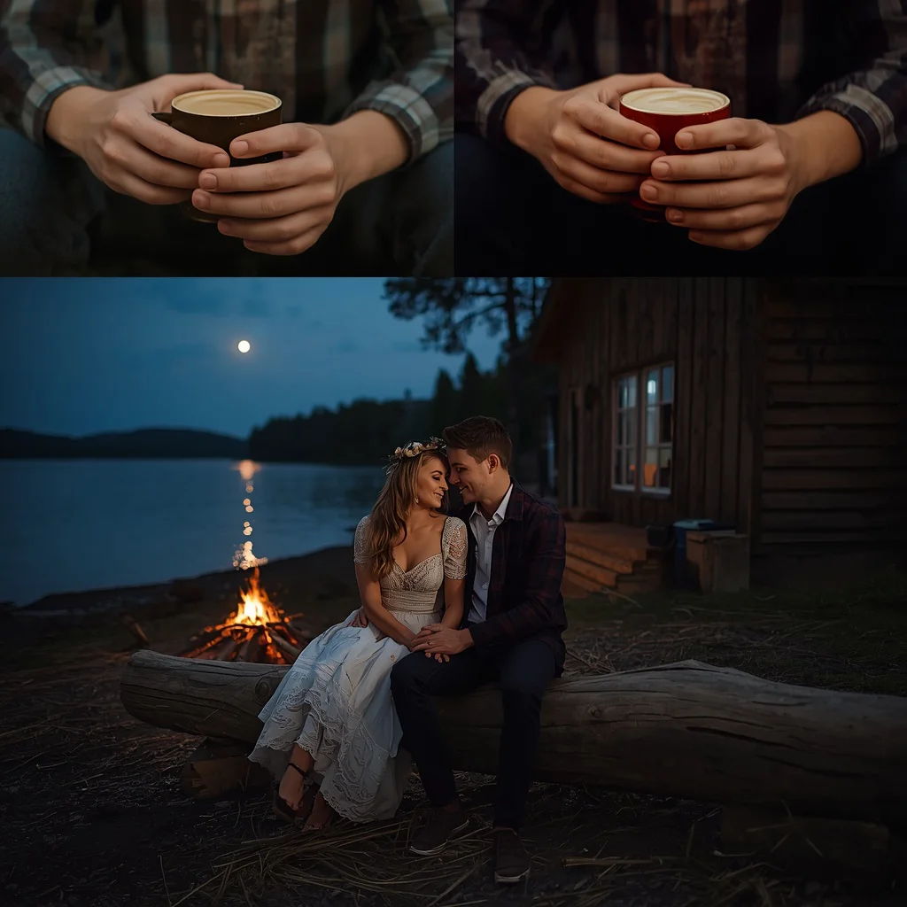 Romantic Lakeside Cabin Wedding with Campfire Glow | Romantic Couple Prompts — AI image prompt