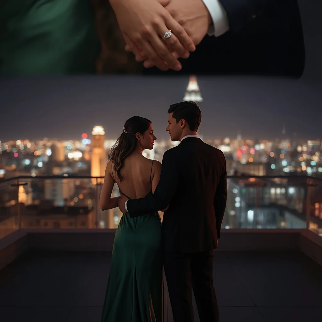Romantic Rooftop Engagement with City Lights | Wedding Couple Prompt — AI image prompt