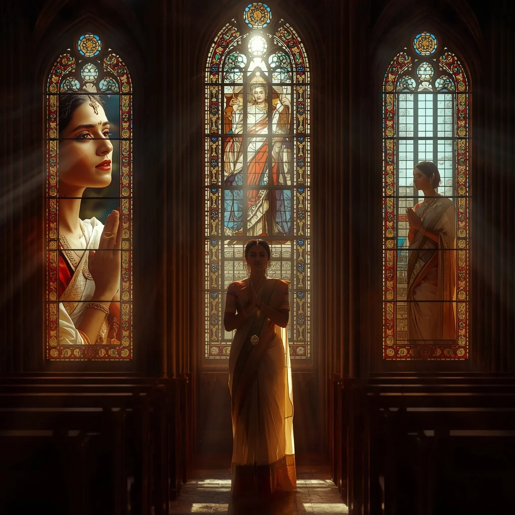Stained Glass Cathedral Collage: Indian Woman in Sacred Light | Indian Traditional Prompt — AI image prompt