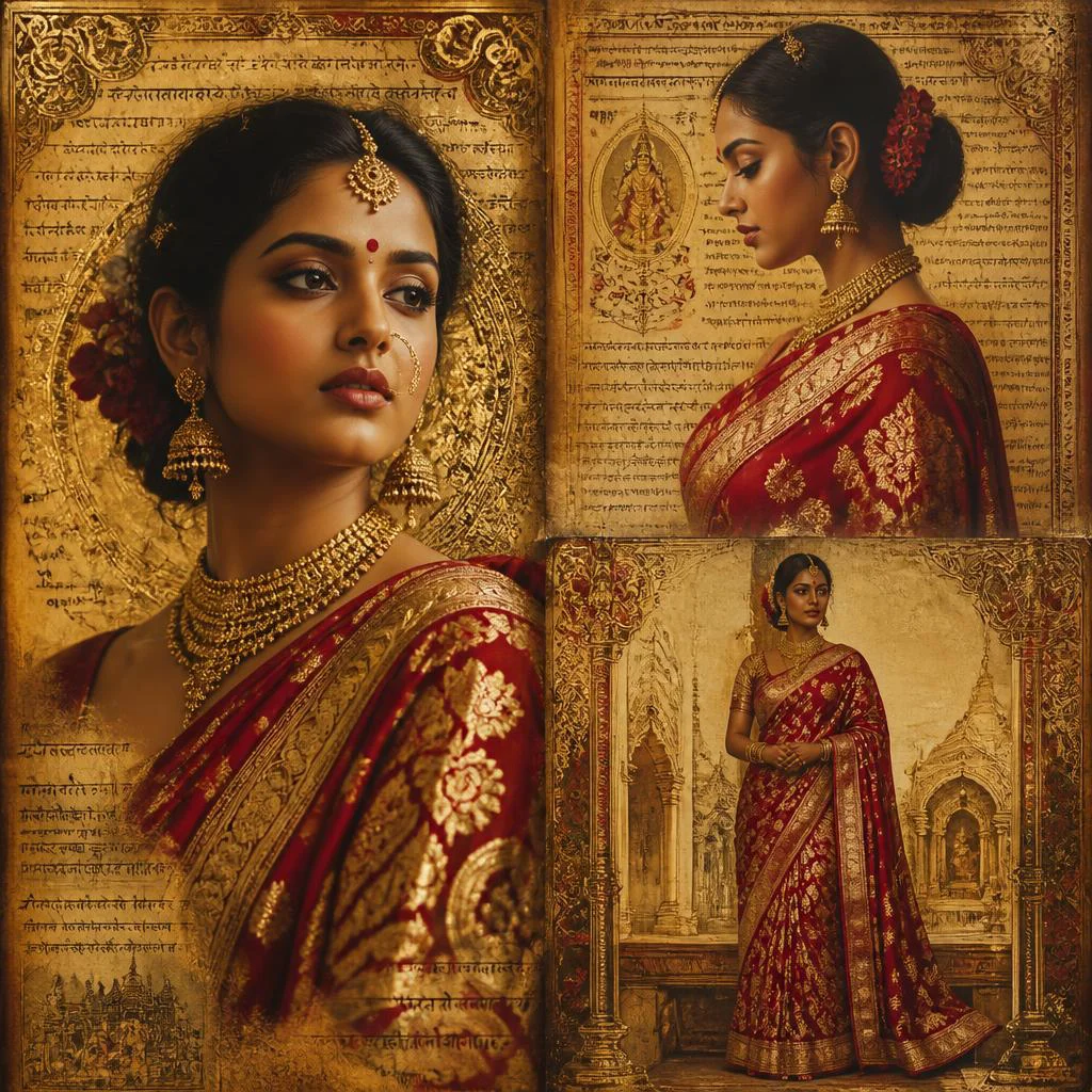 Timeless Gilded Scroll Collage: Indian Woman in Ornate Ancient Texts | Indian Saree Prompt — AI image prompt
