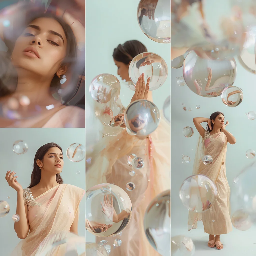 Whimsical Glass Sphere Collage: Indian Woman in Distorted Reflection Art | Indian Saree Prompt — AI image prompt