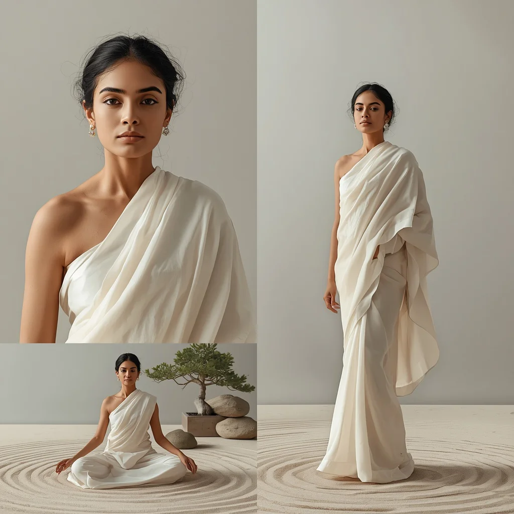 Zen Garden Collage: Indian Woman in Tranquil, Minimalist Setting | Saree Woman Prompt — AI image prompt